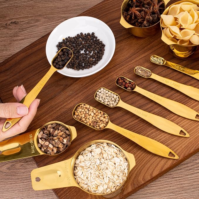 13-Piece Measuring Cups and Spoons Set, 18/8 Stainless Steel, Gold | Clearly Marked US and Metric Measurements, 7 Cups and 6 Spoons Nest for Dry and Wet Ingredients in Cooking and Baking