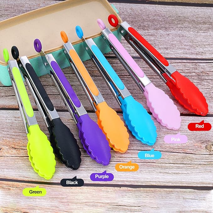 7Pack Kitchen Tongs,7 Inch Small Silicone Tongs with Stainless Steel Silicon Handles and Nylon Tips,Heat Resistant Non-Stick Cooking Tongs,Mini Locking Food Tongs for Cooking Salad Grilling
