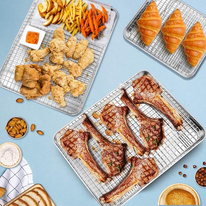 P&P CHEF 17.5 + 16 + 10.4 Inch Baking Sheet Pan and Cooking Rack - 6 Pieces | 3x Cookie Sheet + 3x Grid Rack, Stainless Steel Oven Tray with Wire Rack for Oven Baking, Healthy & Sturdy & Easy to Clean