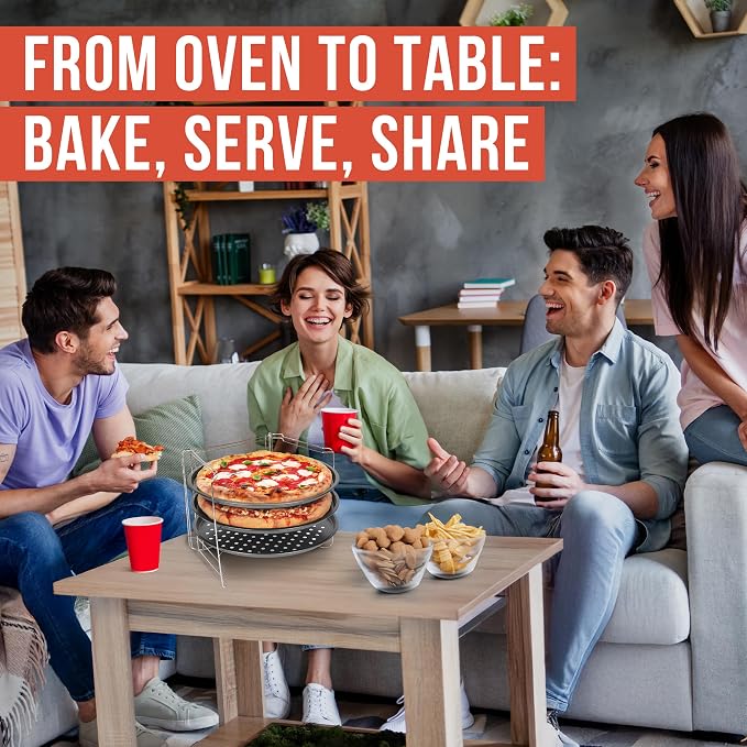 Chef Pomodoro Pizza Rack and Pan Baking Set, 13 Inch Foldable Cooling Stand | Space-Saving Foldable Design, Stainless Steel Cooling Rack for Oven & Grill, Non-Stick Perforated Serving Trays