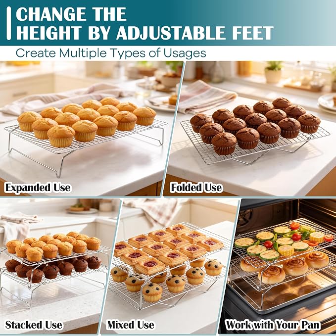 P&P CHEF 5 Tier Stackable Cooling Racks for Cooking and Baking, 15" x 10" | Stainless Steel Stackable Grid Cooling Rack for Cooling Roasting Grilling, Collapsible & Heavy Duty, Oven & Dishwasher Safe