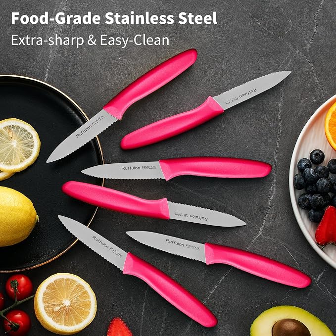 Stainless Steel Paring Knife With Serrated Blade, 6 Pieces Set Vegetable and Fruit Knife, Ultra Sharp Small Kitchen Knife, Rosy Paring Knives with PP Plastic Ergonomic Handle.