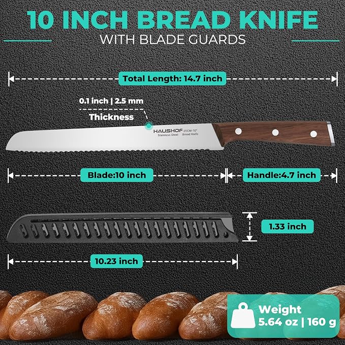 HAUSHOF Bread Knife with Sheath, 10-Inch Serrated Bread Knife for Homemade Bread, 5CR15M0V Premium Stainless Steel Bread Cutter with Gift Box for Mom Dad, Full Tang and Ergonomic Handle