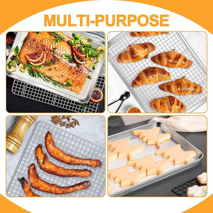 E-far Baking Sheet with Wire Rack Set, 17.6" x 13" (1 Pan +1 Cooling Rack) | Stainless Steel Sheet Pan with Cooling Rack for Oven, Large Metal Bacon Tray for Cooking Roasting, Non-Toxic, Dishwasher Safe