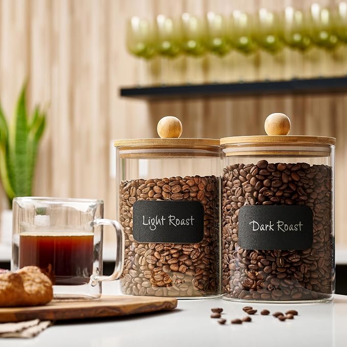 Le'raze Set of 2 Glass Canisters for Kitchen Counter with Airtight Bamboo Lids + Marker & Labels - 68oz. Large Cookie Jars Wooden Lid, Food Storage Containers Pantry, Flour, Sugar, Pasta, Candy.