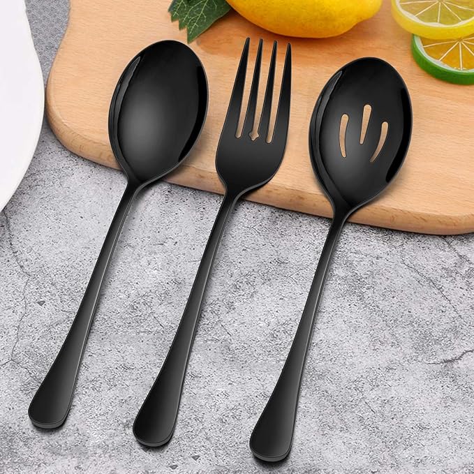 Homikit Large Black Serving Spoons Forks Set of 6, Stainless Steel Serving Utensils for Catering Buffet Banquet Party Kitchen Restaurant, 9.8 Inch Big Metal Hostess Set, Dishwasher Safe
