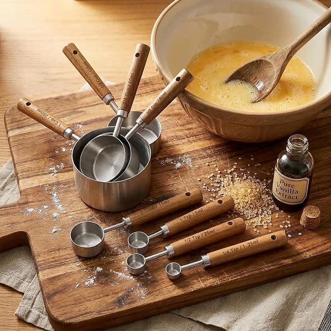 Measuring Cups and Spoons Set, Stainless Steel Metal measuring Cups with Wooden Handles, Great for Dry and Liquid Ingredients, Engraved Metric Markings, Nesting Design for Baking