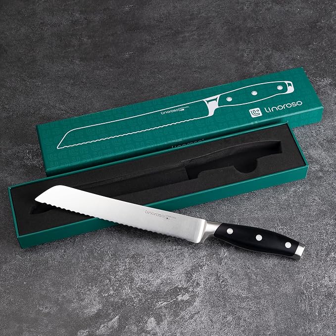 linoroso Serrated Bread Knife for Homemade Bread with Elegant Gift Box, Full Tang Ultra Sharp Forged German Carbon Stainless Steel Bread Knife 8 inch for Slicing Bread, Bagels, Cake - Classic Series