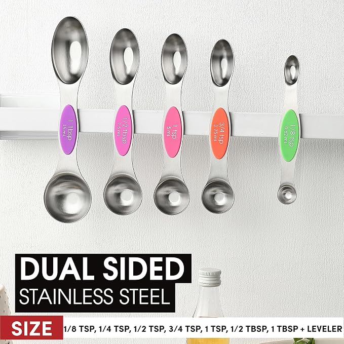Spring Chef Stainless Steel Magnetic Measuring Spoons Set of 8 with Leveler, Nesting Metal Teaspoon & Tablespoon Measuring Spoons, Kitchen Gadgets for Baking & Cooking, Fits in Most Spice Jars - Neon
