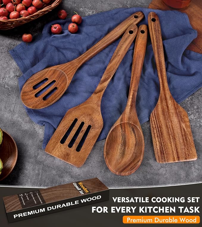 4Pcs Wooden Spatula for Cooking, Acacia Wooden Spatula for Kitchen Use, Nonstick Cookware Safe Utensils Set for Cooking, Mixing, Serving, Draining, Ideal Cooking Utensils Gift