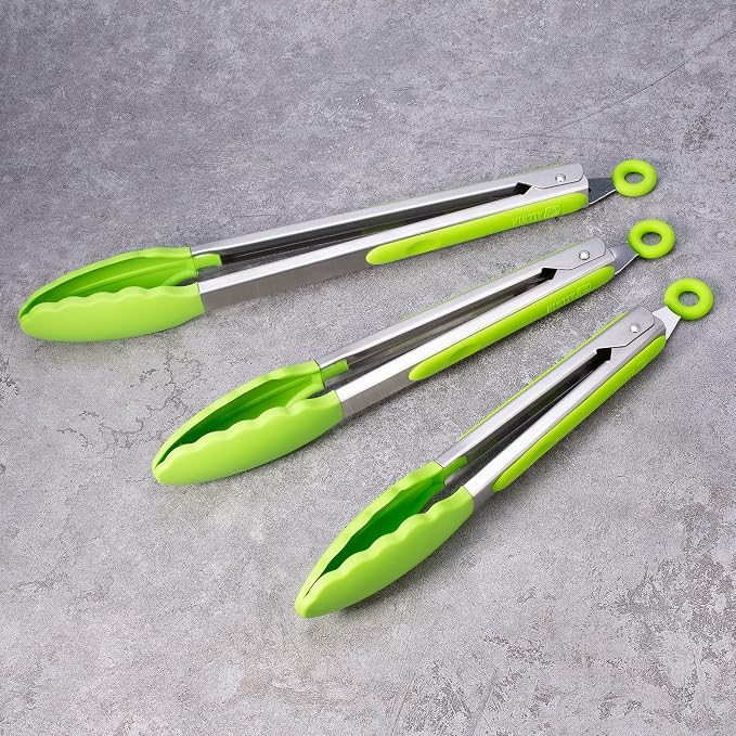 3 Pack Green Kitchen Tongs, Premium Silicone BPA Free Non-Stick Stainless Steel BBQ Cooking Grilling Locking Food Tongs, 9-Inch 10-Inch & 12-Inch