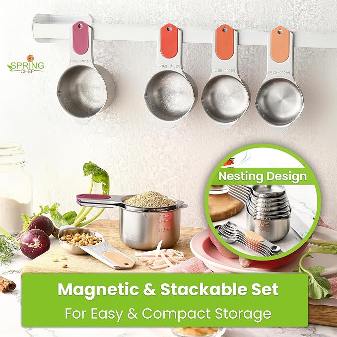 Spring Chef 16 Magnetic Measuring Cups & Spoons, Patented, Desert Sunset | Nesting Stainless Steel Measuring Cups & Heavy Duty Metal Measuring Spoons with Levelers for Dry & Liquid Ingredients