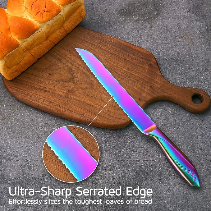 WELLSTAR Bread Knife 8 Inch, Serrated Bread Cutter, Ultra Sharp German Stainless Steel Blade and Comfortable Handle with Rainbow Titanium Coated for Slicing Breads Loaves Bagel Cake and Large Fruit