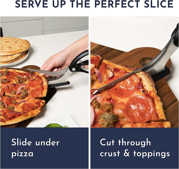 Pizza Scissors - Non-Stick Pizza Scissors with Firm Grip Base - Food Grade Stainless Steel Pizza Cutter - 5-in-1 Food Slicer & Pizza Server - Durable, Safe & Mess Free