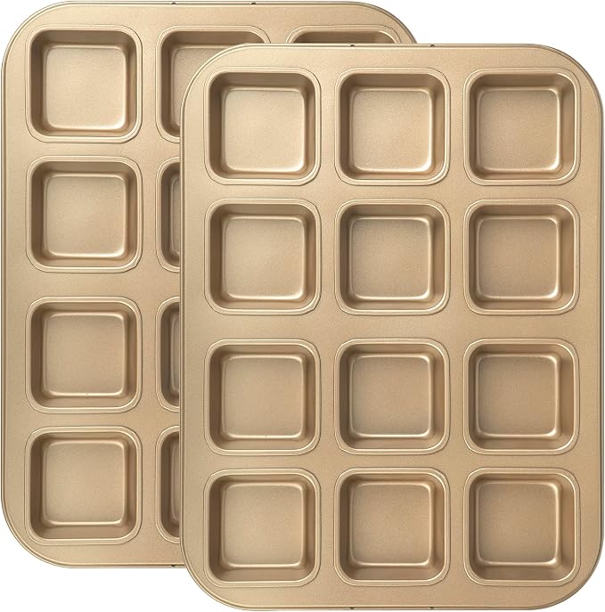 Tiawudi 2 Pack Brownie Pan, Non-stick Bakeware for Bread and Loaf, Heavy Duty Carbon Steel Mini Muffin Pan, 12-Cavity