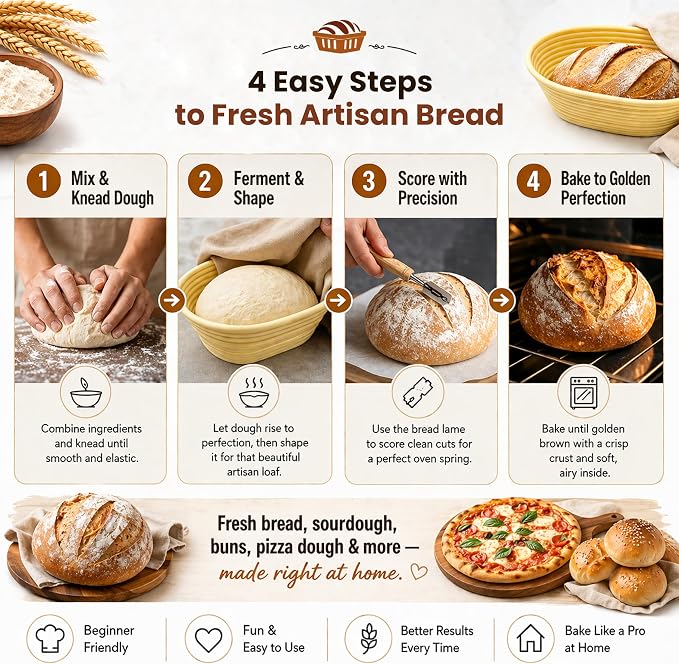 Silicone Sourdough Bread Proofing Basket – 7-Piece Complete Sourdough Starter Kit with 9" Round & 10" Oval Non-Stick Bannetons, Bread Lame, Danish Dough Whisk, Bench Scraper & Silicone Mat