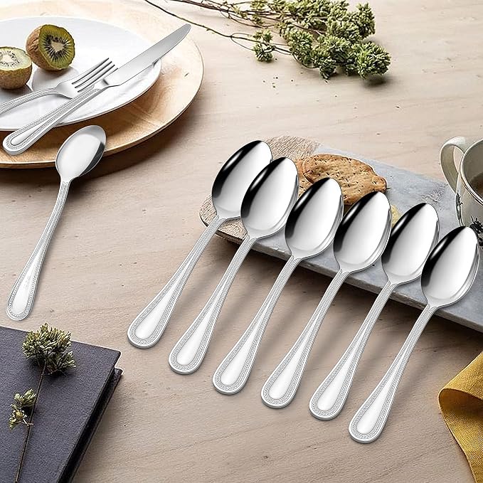 HaWare 24-Piece Forks and Spoons Silverware set, Stainless Steel Flatware with Pearled Edge for Home/Kitchen, Include 12 Dinner Forks(7.9in) and 12 Dinner Spoons(7.9in), Dishwasher Safe