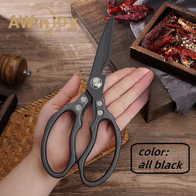 AWinjoy Heavy Duty Sharp Kitchen Scissors - Dishwasher Safe Black Cooking Shears for Meat, Chicken, Fish, Poultry, Herb, Bread (All Black)