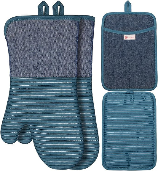 Yutat Oven Mitts, Pot Holders Set of 4 Made with Pure Cotton and Food Grade Non-Slip Silicone - 500 F Heat Resistant Oven Mitts and Pot Holders Sets for Kitchen Cooking (4pcs Set, Pc Blue and Denim)