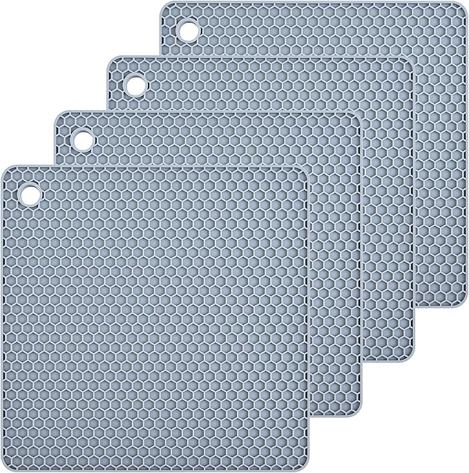 Silicone Trivets Mats Silicone Pot Mat for Countertop Trivet Pads Heat Resistant Table Placemats 4 Pack,Size:7.5x7.5 Inch, Shape:Square (Light Grey)
