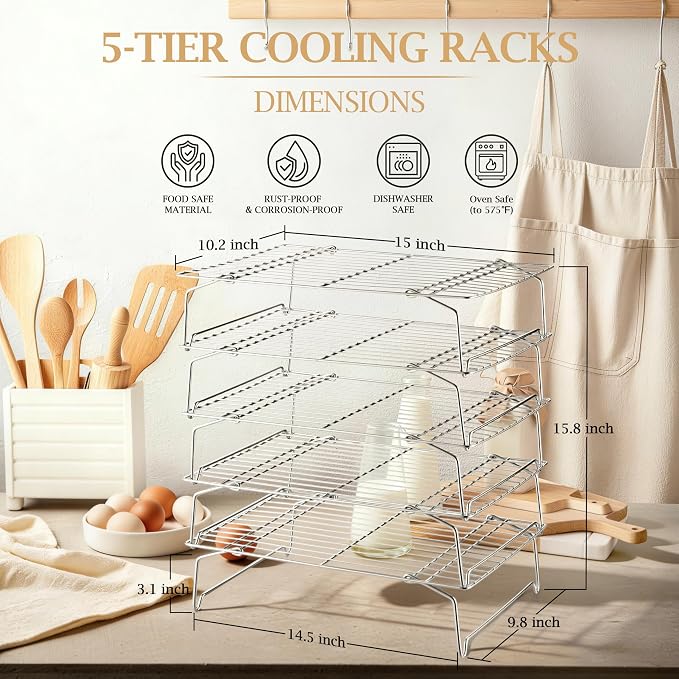 LIANYU Cooling Rack 15"x10", 5-Tier Stackable & Collapsible Stainless Steel Baking Wire Racks for Cooking, Baking, Roasting, Drying, Oven & Dishwasher Safe, Silver