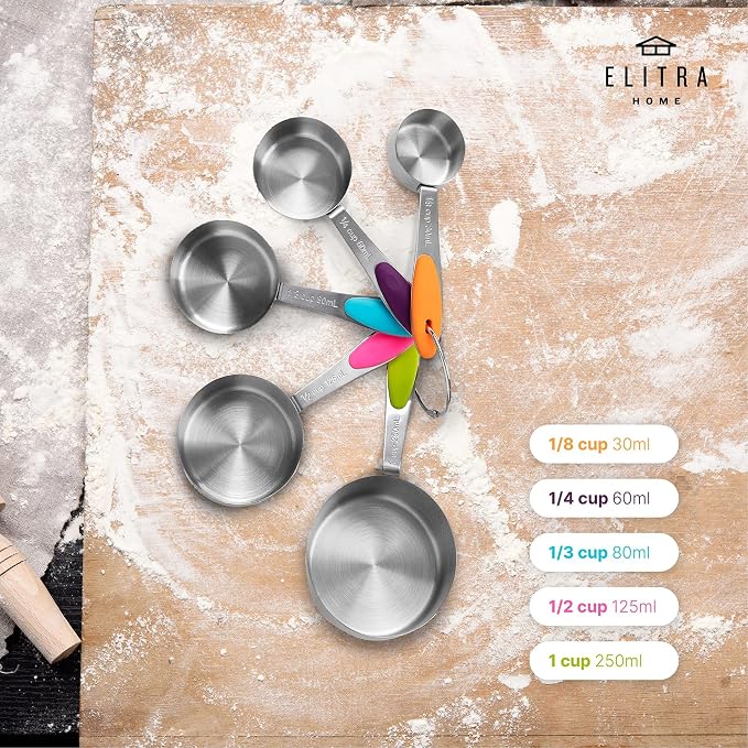 Elitra Home Complete Measuring Set, 13-Pack Stainless Steel Cups, Spoons, Plastic Measuring Pitchers with Spout - Engraved Measurements, Non-Slip Handles - Cooking & Baking Essentials | 13-Piece Measuring Set, 304 Stainless Steel Cups & Spoons, Engrave...