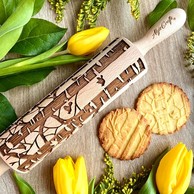 BIRCH embossing rolling pin engraved wooden embossed dough roller for embossed cookies or clay by Algis Crafts