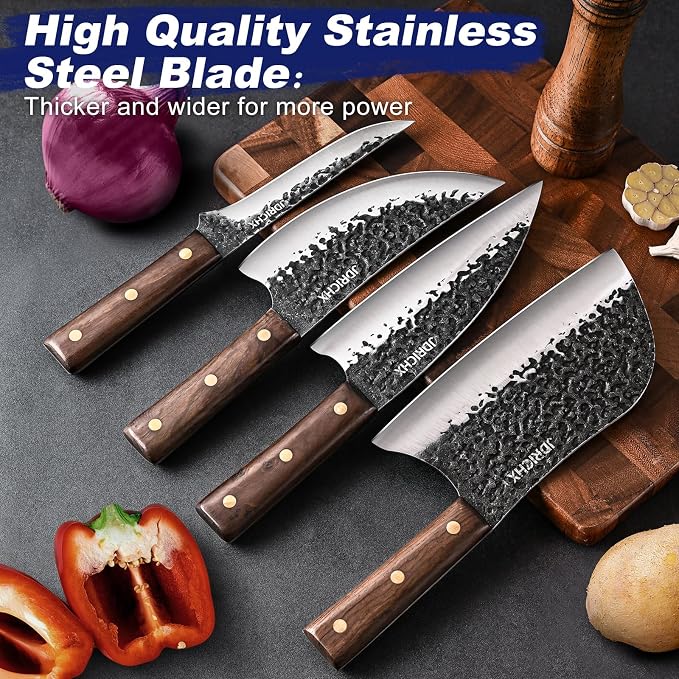 4-Piece Hand Forged Butcher Knife Set with High Carbon Steel | Full Tang Meat Cleaver Set for Bone Cutting, BBQ, Meat Preparation and Outdoor Cooking
