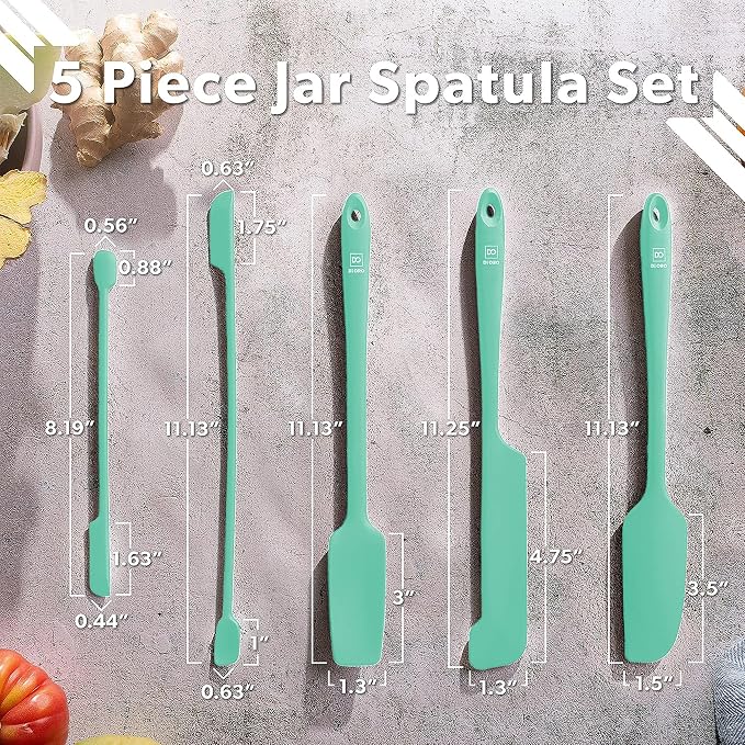DI ORO Silicone Jar Spatulas for Scraping - Rubber Spatulas Silicone Heat Resistant - Kitchen Spatulas Nonstick Cookware Safe - Silicone Utensil Set for Blenders, Mixing, Baking, & Makeup (5pc, Mint)