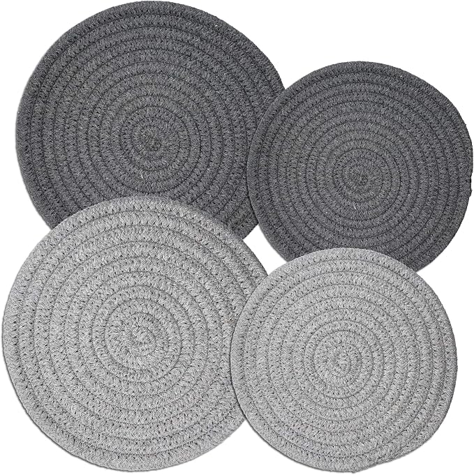 Potholders Set Trivets Set of 4[Two 9-Inch + Two 7-Inch] | 100% Eco Pure Cotton Thread Weave Trivets for Hot Pots and Pans | Hot Coasters | Hot Pads for Kitchen | Hot Mats | Light Gray & Dark Gray