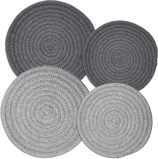 Potholders Set Trivets Set of 4[Two 9-Inch + Two 7-Inch] | 100% Eco Pure Cotton Thread Weave Trivets for Hot Pots and Pans | Hot Coasters | Hot Pads for Kitchen | Hot Mats | Light Gray & Dark Gray
