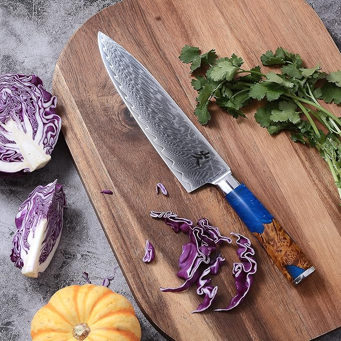 SAMCOOK Damascus Chef Knife - 8 Inch Professional Sharp Gyuto Knife,High Carbon Stainless Steel Kitchen Cooking knife - Ergonomic Blue Resin Wood Handle with Gift Box