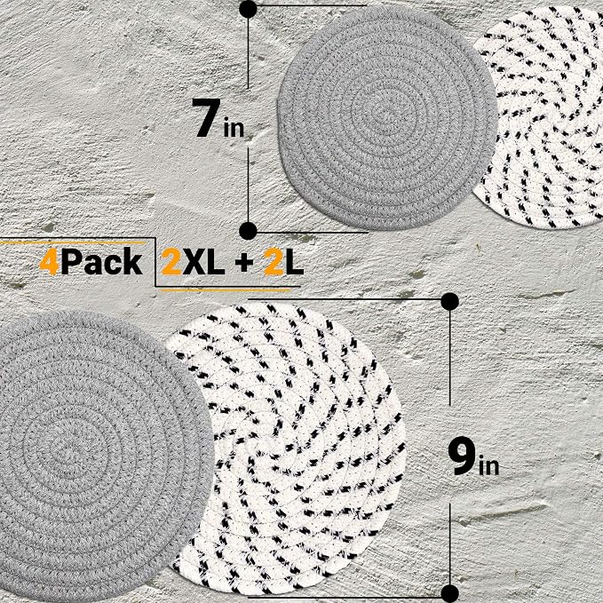 Set of 4 Potholders & Trivets [2x9"+" "+"& "+"2x7"+"] | Eco Pure Cotton Weave for Hot Pots & Pans | Gray + White & Black Flakes