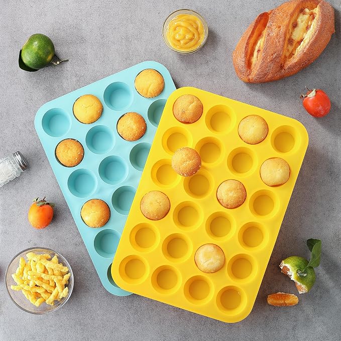 VRUIFA 2PCS Silicone Mini Muffin Pan, 24 Cups Nonstick Mini Cupcake Pan for Baking, BPA Free and Dishwasher Safe, Great for Making Muffin Cakes, Tart, Bread and Egg Bites