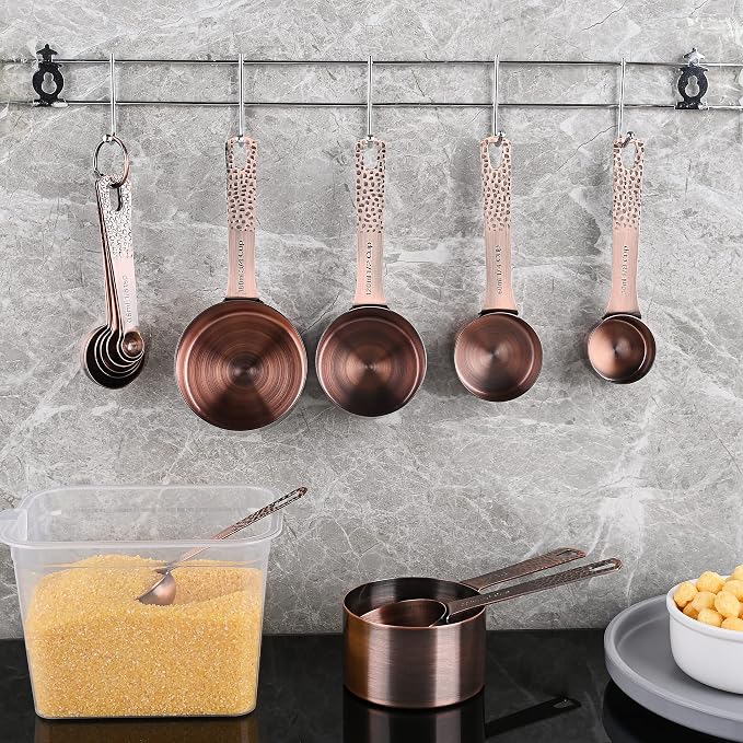 Measuring Cups and Spoons Set 14, Copper Measuring Cups and Spoons Set for Dry & Liquid, Metric & US Stainless Steel 6 Measure Cups and 7 Spoons Set w/Leveler for Kitchen & Baking