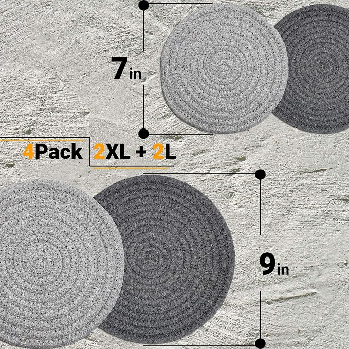 Potholders Set Trivets Set of 4[Two 9-Inch + Two 7-Inch] | 100% Eco Pure Cotton Thread Weave Trivets for Hot Pots and Pans | Hot Coasters | Hot Pads for Kitchen | Hot Mats | Light Gray & Dark Gray