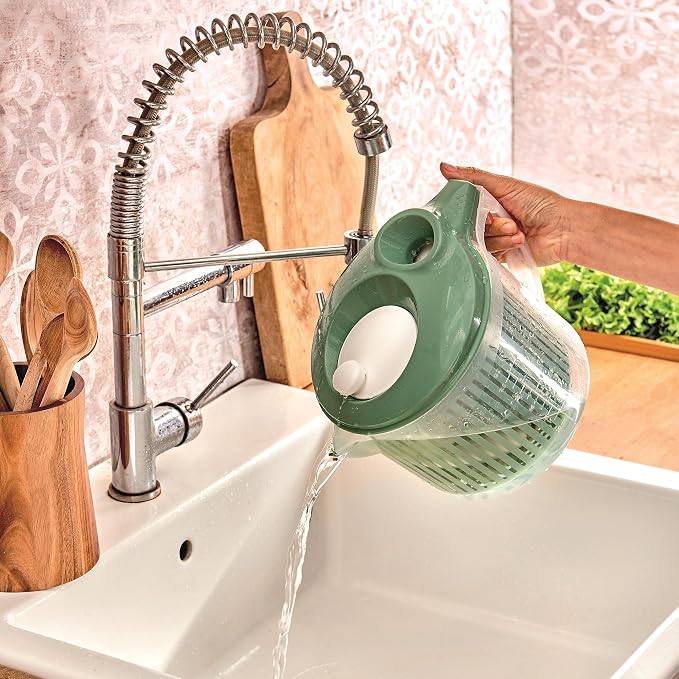 Snips, Salad Washer, Salad Spinner with Lid, 3 L, Salad Spinner with Removable Inner Basket, 19.5 x 26.5 x 19 cm, Salad Scrubber with Side Handle, Green and White, Made in Italy