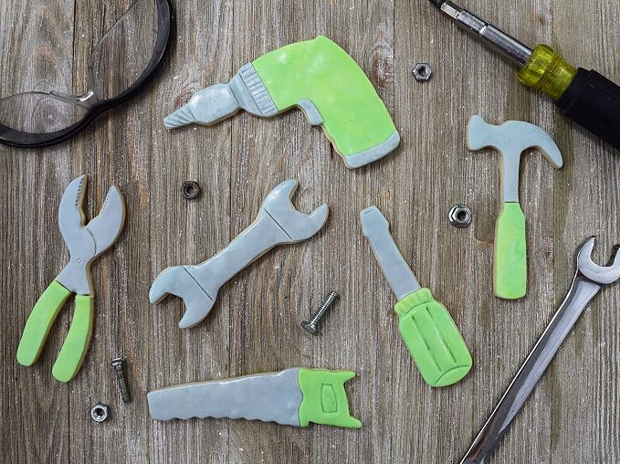 R&M Construction Tool Cookie Cutter Set, 6 Pieces Includes Hammer, Wrench, Screwdriver, Drill, Saw, Plyer Cookie Cutters, Silver