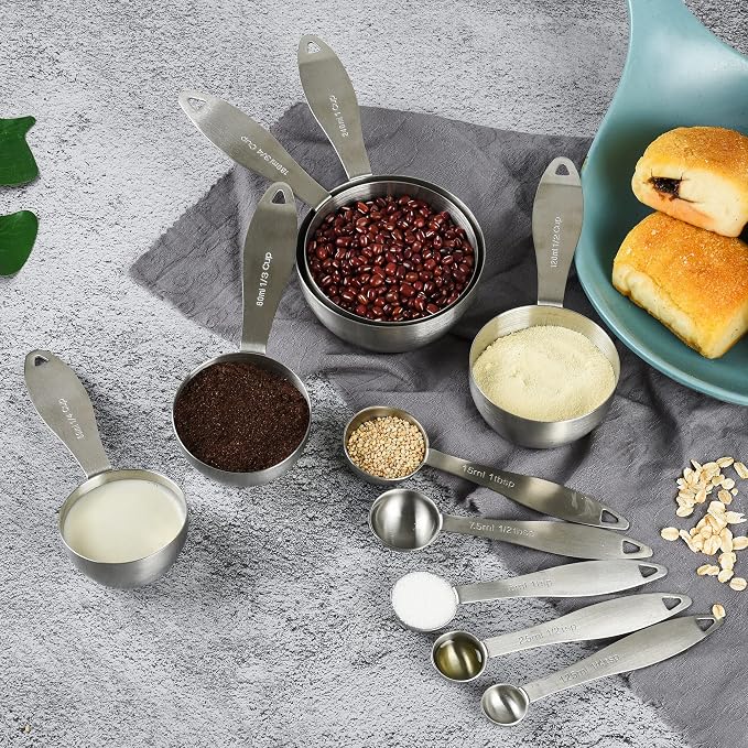 Stainless Steel Measuring Cups and Spoons Set, 18/8 Steel Metric & US 5 Heavy Duty Measuring Cups and 5 Measuring Spoons & Measure Ingredient Leveler for Baking & Kitchen