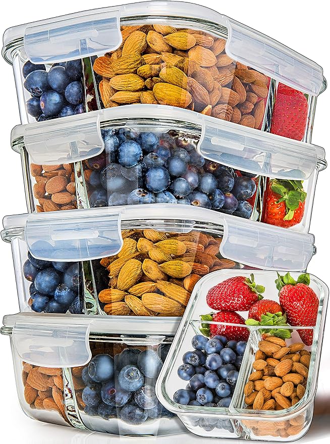 PrepNaturals 5 Pack 34oz Glass Meal Prep Containers - 3 Compartments | Borosilicate Glass Meal Prep Containers - Airtight Leak-Resistant Lids, Microwave, Oven & Freezer Safe (5-Pack, 34 oz)