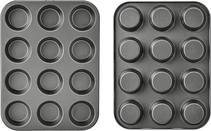 Amazon Basics Nonstick Muffin Pan, Set of 2, Sturdy, Oven Safe, Bakes Evenly, Easy to Clean, 12 Cups, Gray, 13.9x10.55x1.22"