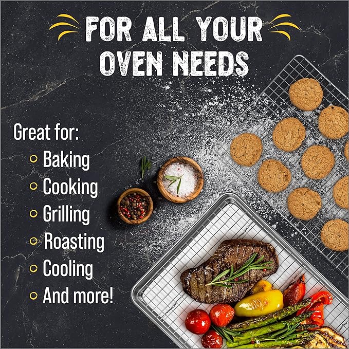 Baking Sheet, 2 Pack Half Sheet Pan with Stainless Steel Wire Rack Set - Easy Clean Cookie Sheets for Baking