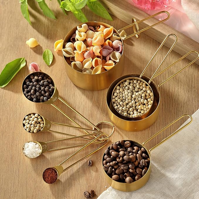 Measuring Cups and Spoons Set, Kaloo 8PCS Stainless Steel Metal Measuring Cups, Gold Finish, Ideal for Cooking and Baking