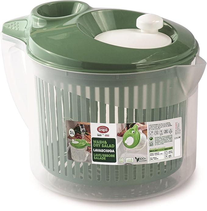Snips, Salad Washer, Salad Spinner with Lid, 3 L, Salad Spinner with Removable Inner Basket, 19.5 x 26.5 x 19 cm, Salad Scrubber with Side Handle, Green and White, Made in Italy