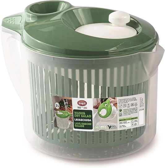 Snips, Salad Washer, Salad Spinner with Lid, 3 L, Salad Spinner with Removable Inner Basket, 19.5 x 26.5 x 19 cm, Salad Scrubber with Side Handle, Green and White, Made in Italy