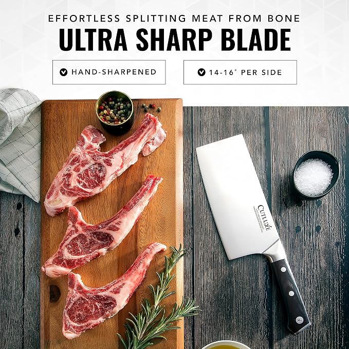 Cutluxe Cleaver Knife - 7" Meat Cleaver, Butcher Knife for Meat Cutting – German Steel Blade, Full Tang, Ergonomic Handle Design – Artisan Series