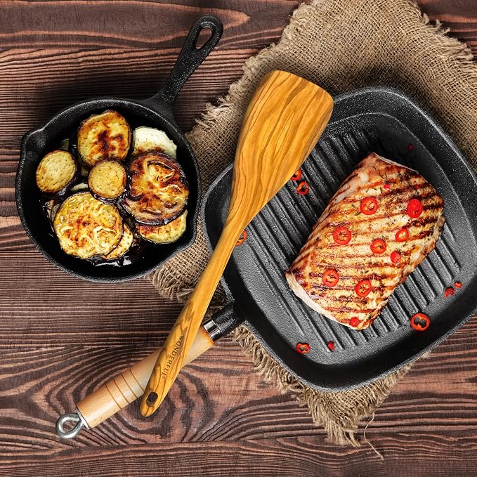 WONDERFUL 13.5 Inch Long Olive Wood Spatula/Turner for Cooking, Flat Frying Spatula Handmade for Kitchen Cookware, Non-Stick