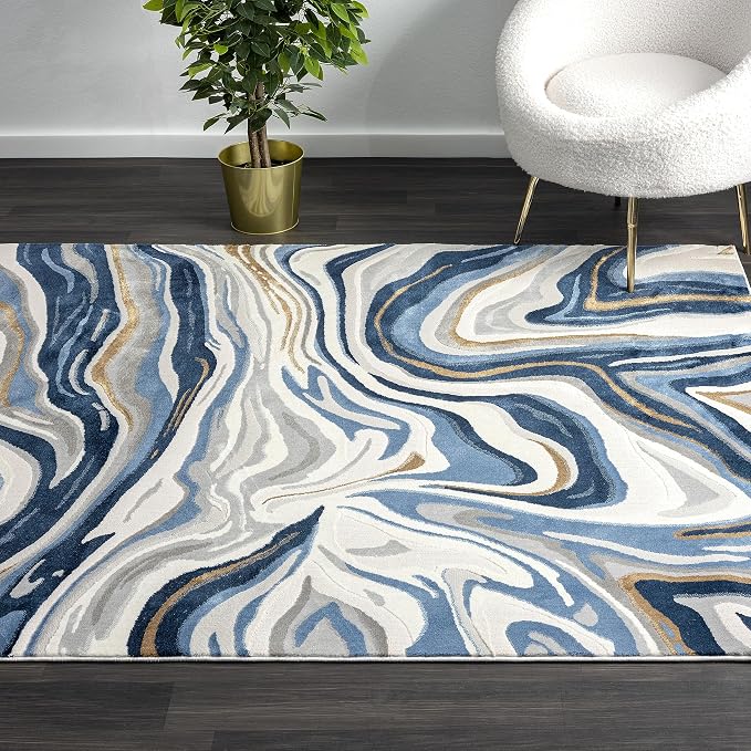 Abani Regal Collection Area Rug - Blue/Grey Abstract Wavy Design - 8' x 10' - Washable - Durable for Kids and Pets - Medium Pile - Soft Feel - for Living Room, Bedroom & Office