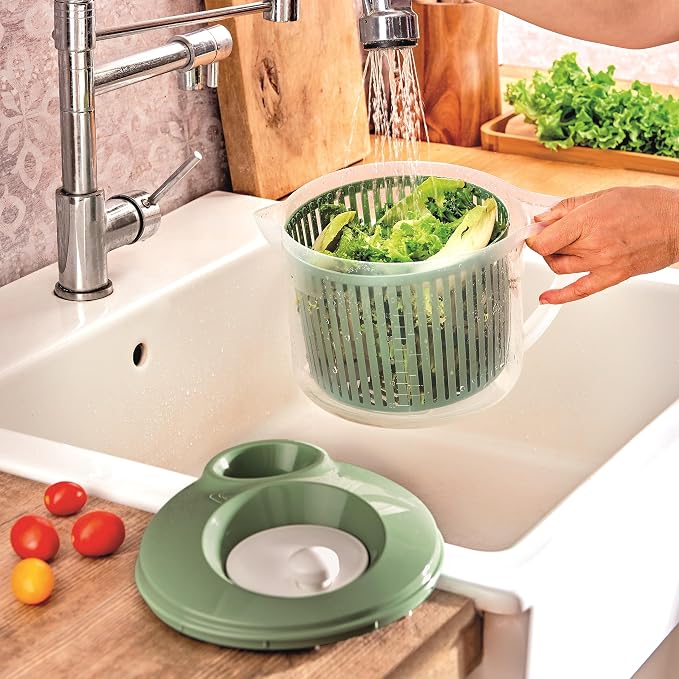 Snips, Salad Washer, Salad Spinner with Lid, 3 L, Salad Spinner with Removable Inner Basket, 19.5 x 26.5 x 19 cm, Salad Scrubber with Side Handle, Green and White, Made in Italy