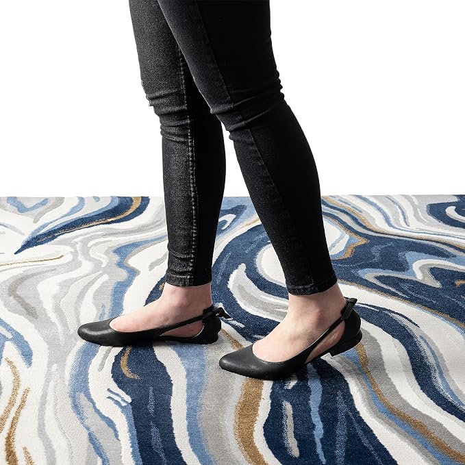 Abani Regal Collection Area Rug - Blue/Grey Abstract Wavy Design -2' x 3' - Washable- Durable for Kids and Pets - Medium Pile - Soft Feel - for Living Room, Bedroom & Office